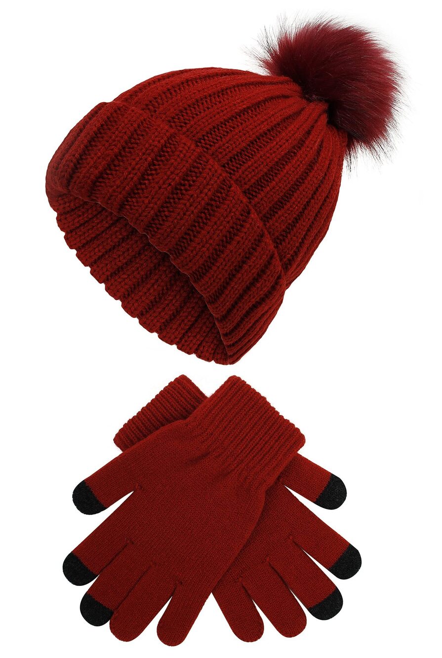 6670 2 Pcs Winter Knitted Beanie Hat Touch Screen Gloves Set Warm Knit